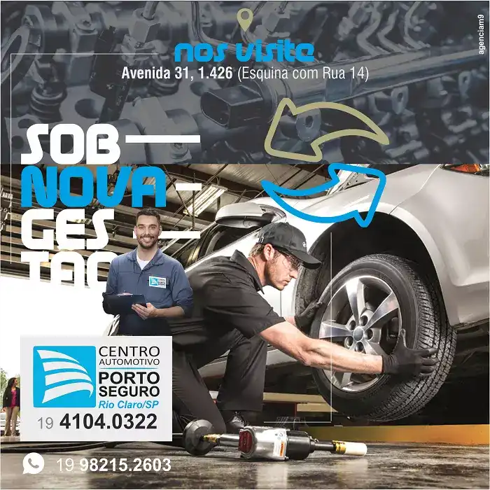 Arte com o tema sob nova gestão criado para Centro Automotivo Porto Seguro de Rio Claro
