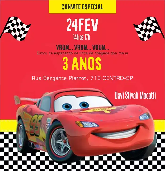 
Convite Aniversário Infantil tema Carros



