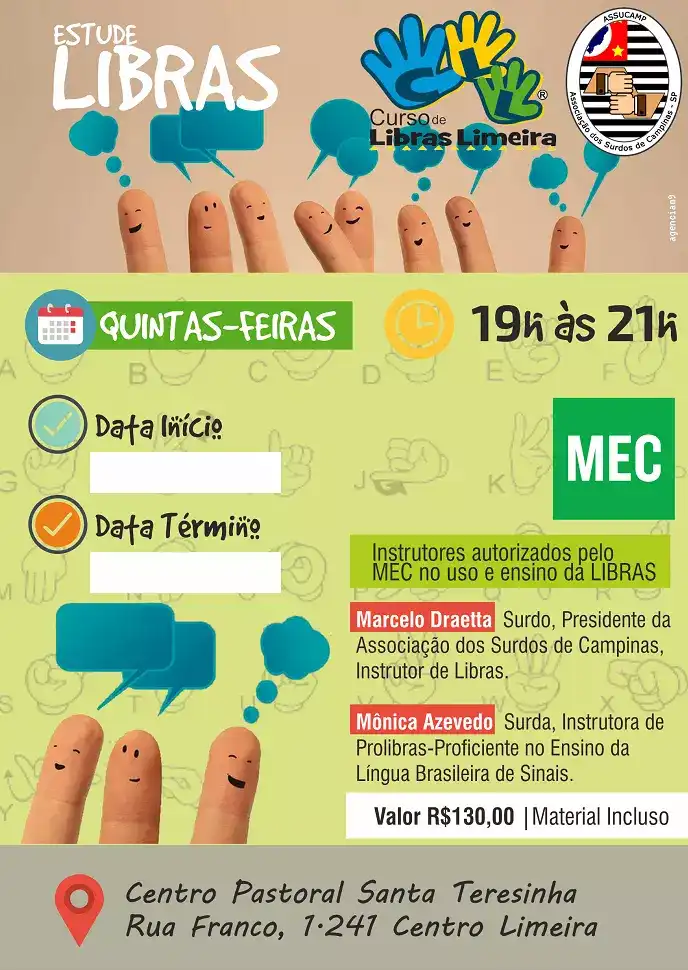 Folheto para curso de Libras criado para Escola de Limeira
