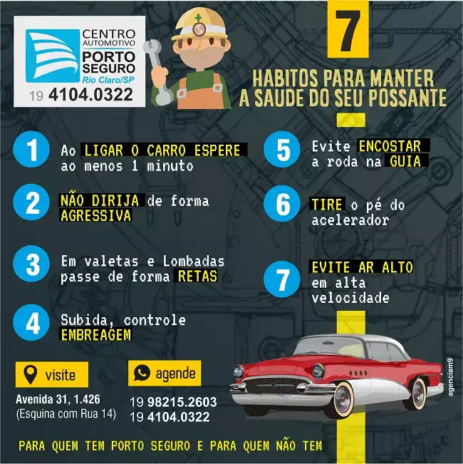 Infográfico sobre 7 bons hábitos para manter a saúde do possante criado para Oficina Mecânica
