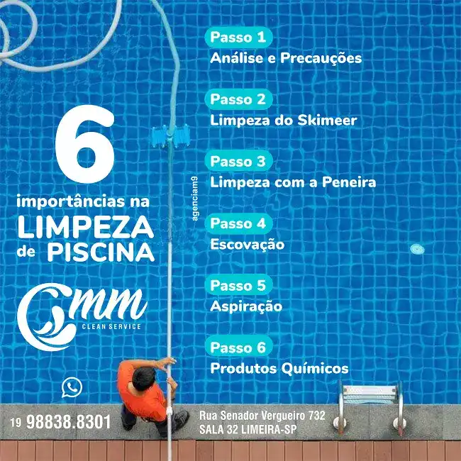 Infográfico sobre as Etapas da Limpeza de uma piscina criado para prestadora de Serviços de Limpeza
