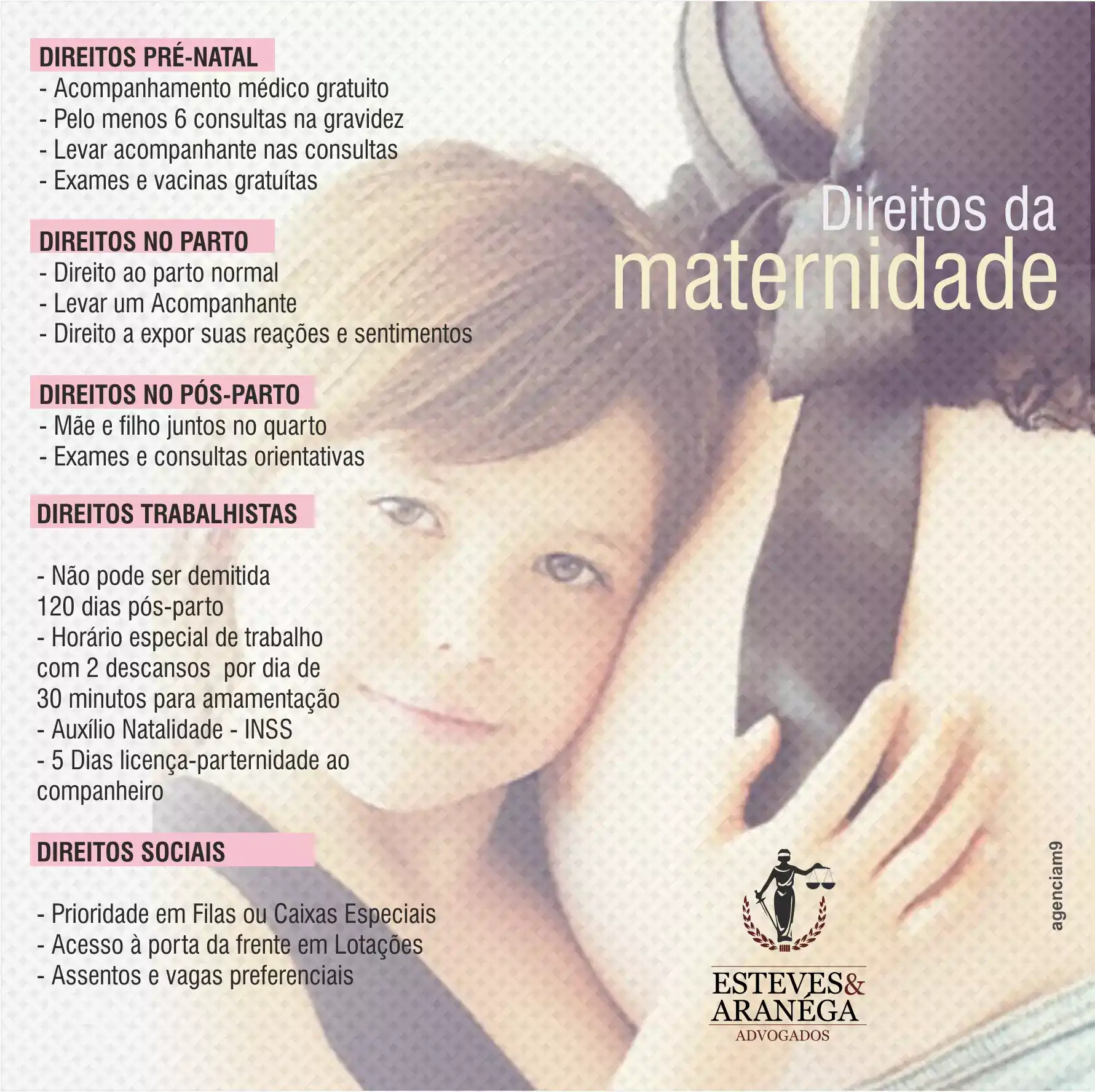Infográfico sobre os Direitos da Maternidade antes durante e após Gravidez criada para Escritório de Advocacia
