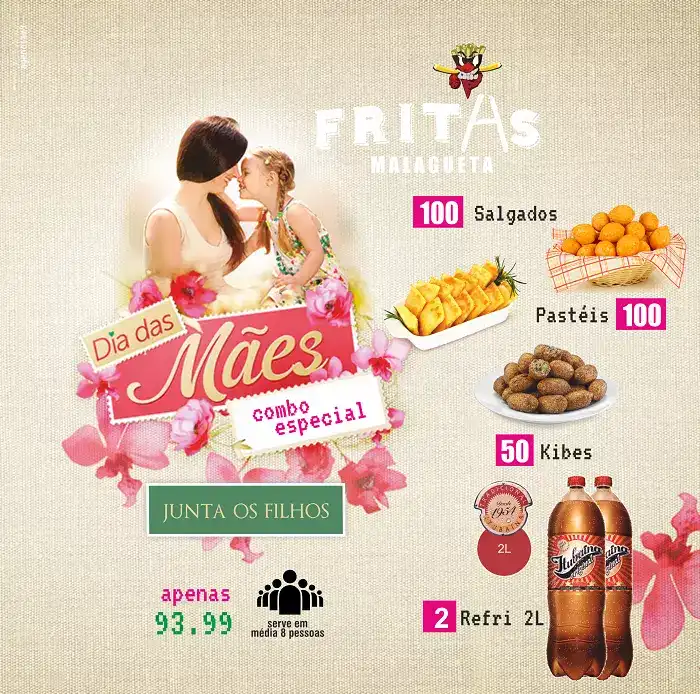 Propaganda com o tema Dia das Mães criada para Lanchonete de Salgados Quibes e Churros
