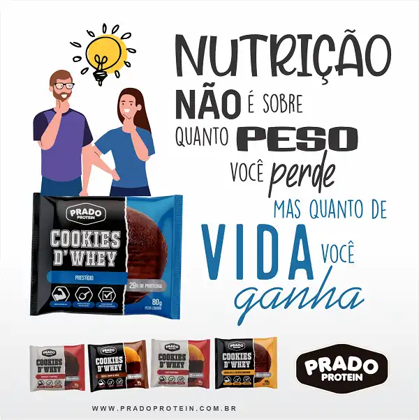 Propaganda de Cookie de Whey com frase sobre Nutrição e Peso
