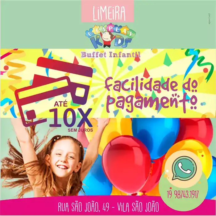Propaganda para Buffet Infantil com facilidade de pagamento 10 vezes sem juros
