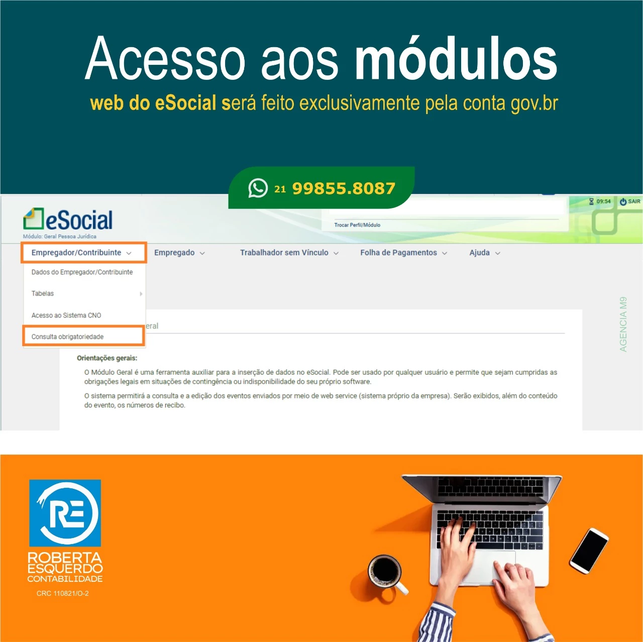 
Propaganda para escritório de Contabilidade sobre Acesso aos Módulos do eSocial Web centralizados na gov br



