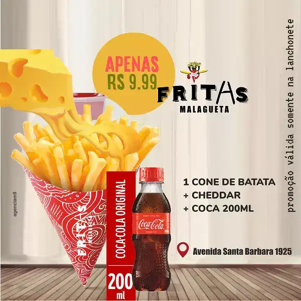 Propaganda sobre Combo de Cone de Batata com Coca Cola 200ml criada para Lanchonete
