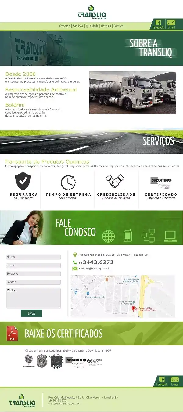 Site criado para Empresa de Transportes de Produtos Químicos
