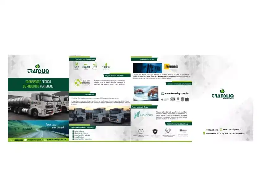 Trifólio criado para apresentação de empresa de transporte de líquidos perigosos
