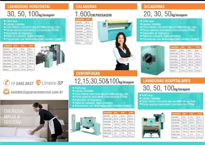 Trifólio de Tabela Técnica criado para Fábrica de Máquinas de Lavar Roupas Industriais
